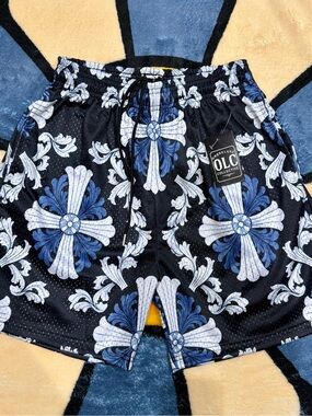 Blue Baroque Cross Mesh Shorts Metal Tip Drawstrings Pockets NWT